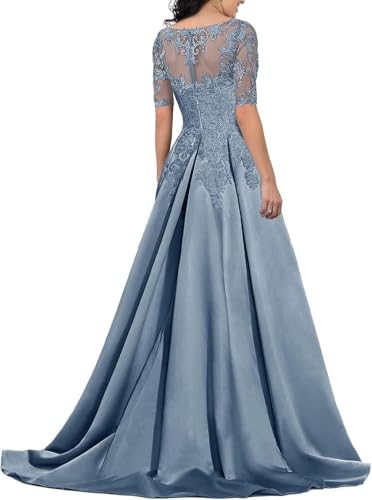 V Neck Mother of The Bride Dress Long Satin Prom Dresses Lace Applique Formal Evening Gown with Sleeve2