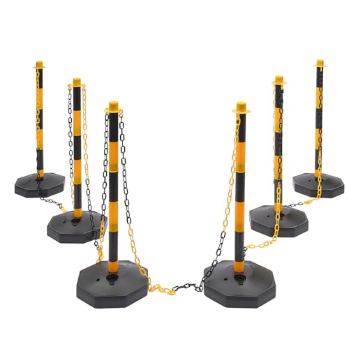 6 Pack Portable Parking Pole,Free Standing Bollards Traffic Cones Safety Barrier Posts Cones Adjustable Delineator Post with Chain for Hotels,Warehouses,Supermarkets,Parking Lots