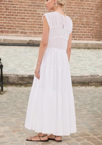 Image of calbatic Women Pleated Ruched Tiered Maxi Dress Sleeveless Patchwork Ruffle Hem A Line Flowy Summer Elegant Long Dress