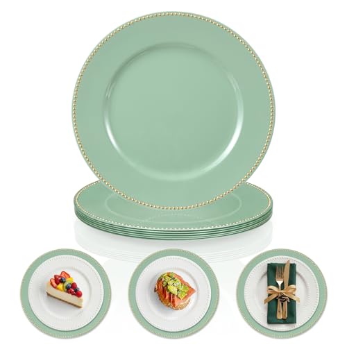 Bokon 6 Pack Sage Green Charger Plates Wedding Party Plate with Gold Beaded Rim 13 Inch Sage Green Reusable Charger Plates for Wedding Birthday Party Holiday Table Tabletop Dinner Decoration