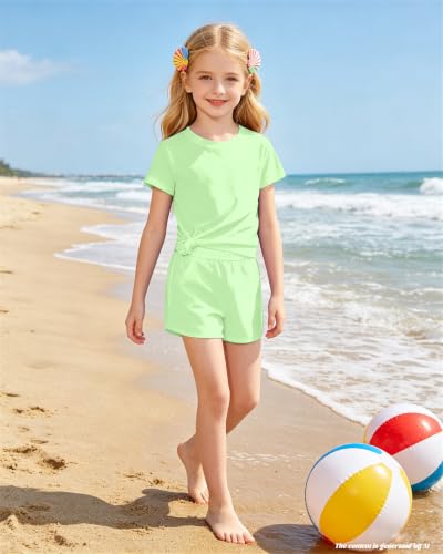 Image of Bestuline Girls Summer 2 Piece Outfits,Basic Short Sleeve Top & Shorts Set with Side Pockets,4-14Y