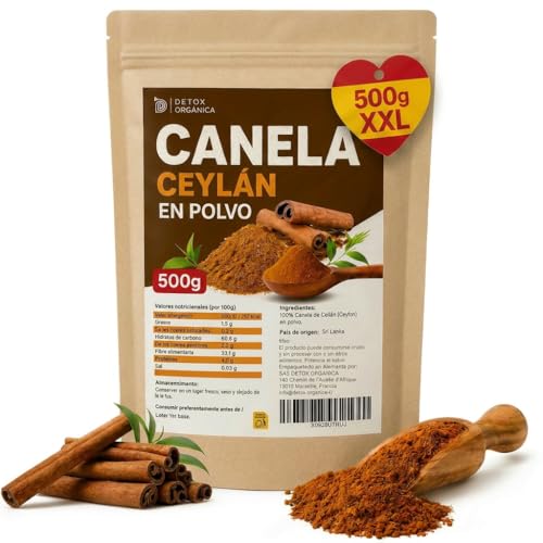 Detox Organica Canela Ceylan en Polvo 500g - Canela de Ceylan - Especia 100% Natural, Suavemente Secada y Molida - Vegana, Sin Aditivos - Ceylon Cinammon Puro - Empaquetado en Alemania