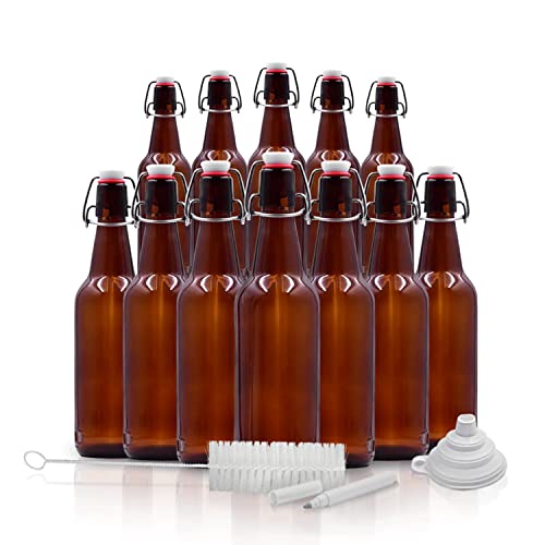 Nevlers 12 Pack Of Amber Glass Beer Bottles For Home Brewing 16 Oz - The Glass Bottles With Caps Comes With A Funnel, Brush & White Marker - Great Amber Bottles & Empty Bottles For Beer Brewing #TOP8