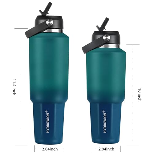 Image of HYDROWION 40 oz Insulated Water Bottle, Car Water Bottle Holder - Double Wall Vacuum Insulated Travel Bottle with Straw Lid, Spout Lid and Flex Cap - Cold for 24H, Hot for 12H, Blue - Lake Green