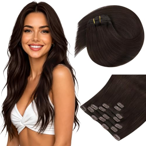 Image of Sunny Hair Clip in Hair Extensions Real Human Hair Chocolate Brown | Medium Brown Human Clip in Hair Extensions Create Natural Color Match with Added Length and a Silky Texture 14 Inch 105g
