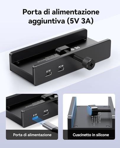 Hub USB 3.2, Hub USB in Alluminio a Pinza con Porta Alimentazione 5V, Distributore USB 3 Porte 10Gbps, Lettore Schede SD/TF 3.0, Hubs USB 3.2 con Cavo 100cm (C ad A/C) per Monitor e Scrivanie - Hub USB - Immagine 4