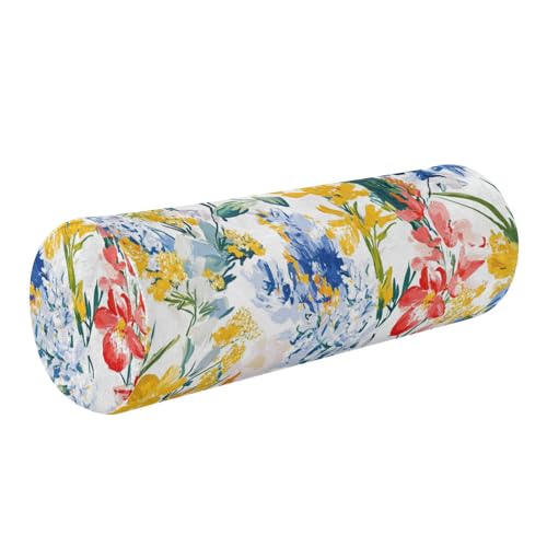 GuoChe Almohada para piernas Art Deco con flores coloridas blancas para dormir, 5.5 x 17 pulgadas, almohada redonda para silla, almohada enrollable para espalda, fundas de almohada cervical con