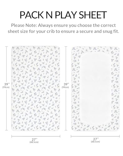Image of Pack and Play Sheets for Baby Boy and Girl 2 Pack, Neutral Muslin Cotton Pack N Play Mattresses Sheet 27 inchx39 inch, Muslin Nursery Bedding Soft and Breathable Comfort (Bluebell Bloom & Light Blue)