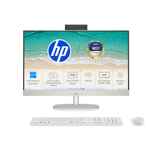 Image of HP All-in-One, Intel Processor N200 (8GB DDR4, 512GB SSD) FHD, IPS, Anti-Glare, 23.8''(60.5cm), Win11, M365* Office 24, Shell White, 5.26kg, FHD IR tilt Camera, 24-cr0302in Desktop