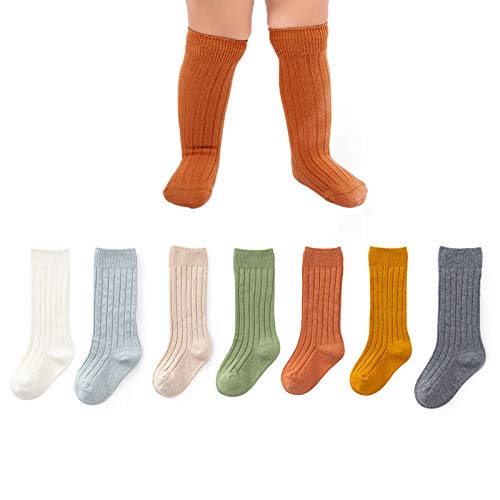 Looching Unisex Baby Girl Boy Knee High Cotton Socks for Newborn Infants Toddlers Striped Knit Tube Ruffled Stockings 7 Pairs M 1-3T
