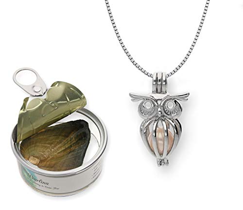 Pearlina Sterling Silver Owl Necklace Cage Cultured Pearl in Oyster Wish pearl Set 18"2