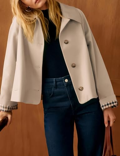 Dqbeng Women's Light Beige Cropped Trench Coat with Checkered Lining - Casual Oversized Style for Every Occasion - Image 2