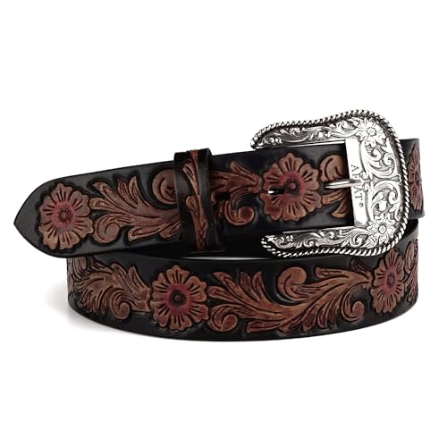 ARIAT Women's Floral Design Leather Belt w/Antique Silver Buckle