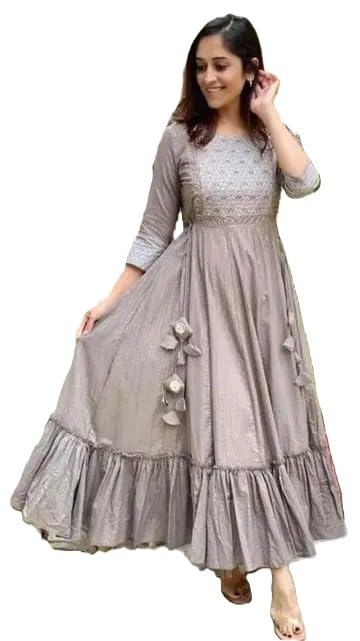 Image of Women's Flared Maxi Dress, Grey Embroidered Cotton, 3 /4 Sleeves, Ankle Length