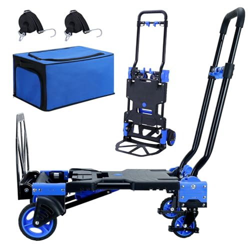 2-1 Folding Hand Truck Dolly,330LBS Capacity Dolly Cart,Foldable Dolly Hand Truck with Retractable Handle and 4 Rubber Wheels,Hand Cart Foldable for Luggage/Travel/Office/Moving