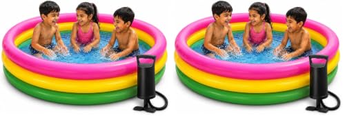 Image of Toy Imagine 4 ft Round Inflatable Baby Pool - Sunset Glow 3 Ring Swimming Pool with Double Quick Air Pump | Mini Water Bath Tub for Kids | Swimming & Water Fun | Holi (Pack of 2)