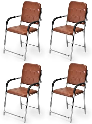 Image of Office Chair Visitor Chair with arm Rest with Steel Frame and Cushioned seat Back, Chair Without Wheels Holds up to 110 kg Heavy Design (4, Brown, Standard)
