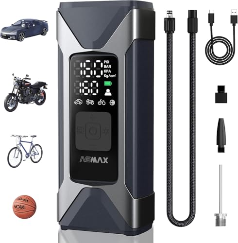 ASMAX T10 電動空気入れ 自転車・バイク・車対応 最大160PSI 2500mAh×3大容量バッテリー 設定記憶 デュアルディスプレイ 空気圧検知 自動停止 50cmクイックリリースホース 米式・仏式・英式対応 LEDライト付き 充電式エアーポンプ