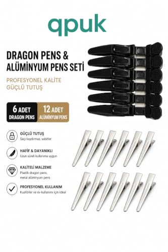 Profesyonel Kuaför Pens Seti, 18 Parça, 6 Adet Dragon Pens + 12 Adet Alüminyum Pens, Kadın