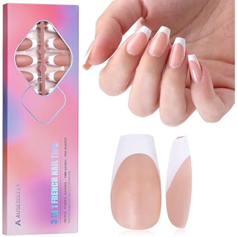 Auseibeely French Gel Nail Tips, 150PCS Short Coffin Press on Nails, 3 in 1 X-coat Soft Gel Nail Tips, Brown French Tip Press on Nails with Pre-applied Tip Primer & Base Coat, 15 Sizes of Nail Art DIY Cover