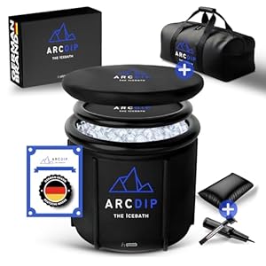 poolomio Arcdip IJsbad, premium ijstonne (Ø 80 cm), voor thuis en buiten, 350 l ijsvat voor ijsbaden en koudetherapie, set met isolatieafdekking, thermometer en draagtas
