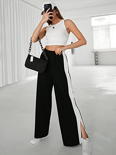 Image of Paralians Women Bottom Wear Side Seam Split Hem Polyester Sweatpants with Trendy Black and White Design Wide Leg Pants with Elegant and Relaxed Fit