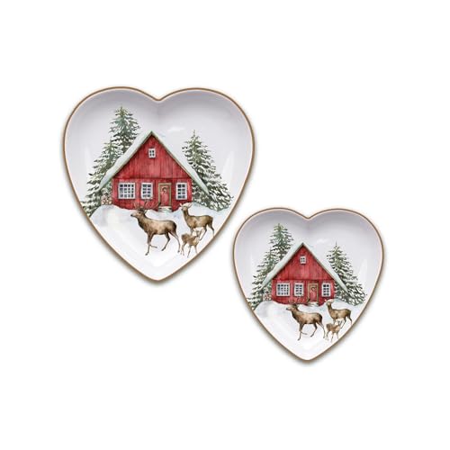 ARCA, Set di 2 Piatti in Porcellana a Forma di Cuore, con Decorazione Natalizia Casa, Resistenti e duraturi, Ideali per la Tavola, Idea Regalo di Natale, in Diverse Misure