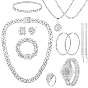 NEWITIN 13 Pieces Silver Jewelry Set for Women Stainless Steel Cuban Link Necklaces Bracelets Earrings Watch Ring Bling Cubic Zirconia Cuban Jewelry Set for Women Men