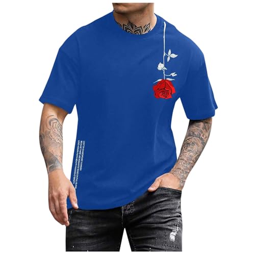 Image of Mens Graphic T Shirts T Shirts Floral Letter Print Crew Neck Short Sleeve Summer, blue, M