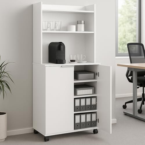 BAKAJI Coffee Station da Ufficio Mobile con 4 Ruote Piroettanti con Freno, Armadio Salvaspazio Stazione del Caffè, Credenza Angolo Bar e Snack Multiuso, Mobiletto con 2 Ante Bianco