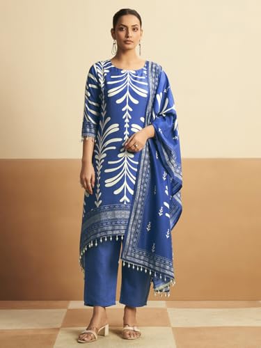 Image of Pinkmint Women's Printed Cotton Blend Kurta Pant with Dupatta Set | Round Neck Kurta with Both Side Pocket & Tassel Dupatta | Ethnic Wear