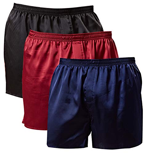 Mens Satin Boxer Shorts Silk Pajamas Bottom Sleepwear Underwear Sleep Shorts (3Pk-(Black+Blue+Red), Large)