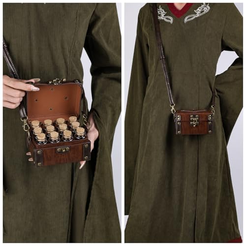 HiiFeuer Medieval Faux Leather Alchemy Box with 12 Cork Potion Vials, Fantasy Portable Crossbody Bag Jewelry Dnd Dice Holder (Brown A) - Image 4
