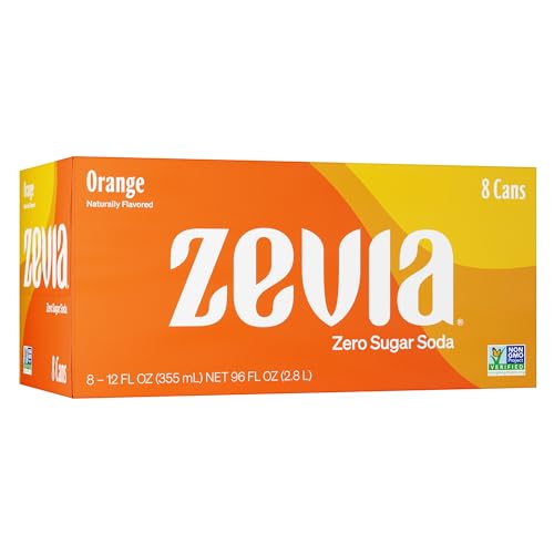 Zevia Zero Sugar Soda, Orange, 12 oz Cans (8-Pack) – Naturally Sweetened, Non-GMO Project Verified, Gluten-Free, Vegan