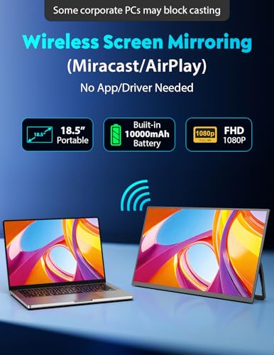 Image of 18.5 inch True Wireless Portable Monitor, 1080P FHD, 10000mAh Battery, Wireless Screen Mirroring (AirPlay /Miracast), Auto Rotation for Phone /Tablet, USB‑C & Mini HDMI, VESA, Protective Sleeve Included