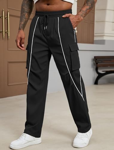 ZAFUL Men's Cargo Joggers Tapered Y2K Contrast Piping Elastic Waist Drawstring Sweatpants with Multi Pockets3