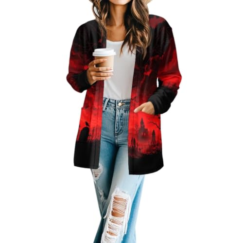 Image of Forchrinse Red Ladybug Cardigan for Women Causal Long Sleeve Open Front Cardigans Sweater Fashion 2024 Fall Coat with Pockets