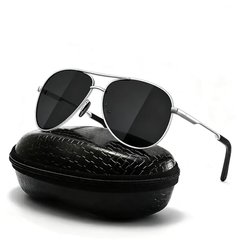 DXRPO Gafas de Sol Hombre Mujer Polarizadas Aviador, UV400 en Aleación Al Mg Premium, Marco Metálico Vintage Outdoor, Negro/Plata