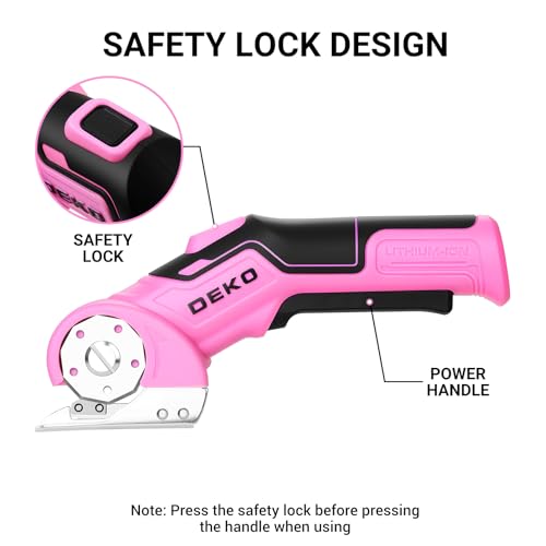 Image of Cordless Electric Scissors Cardboard Cutter: DEKOPRO 4V 2000mAh Electric Box Cutter, Rechargeable Power Rotary Cutter with Safety Lock, 389g Carpet Cutter with 2 Blade, Type-C Charging(Pink)