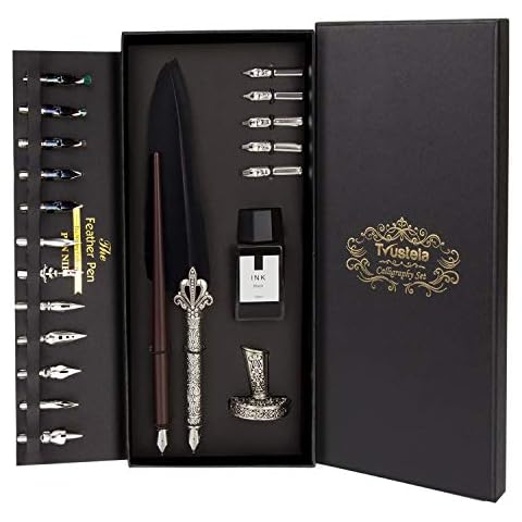Trustela Calligraphy Set for Beginners, Wooden Dip Pen, Feather Quill, 19 Nibs, Ink Set, Gift Box Cover