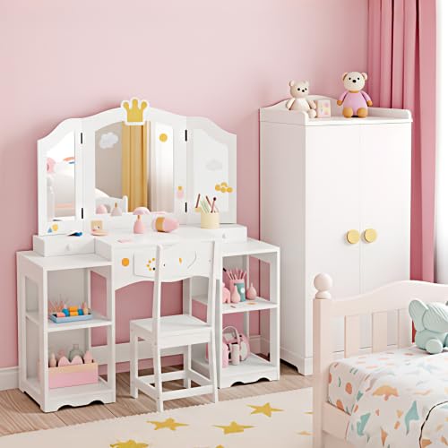 Bonnlo Coiffeuse pour Enfants 2 en 1, Meuble de Maquillage en Bois avec Mirror Amovible et Tabouret...