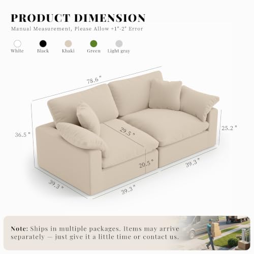 Image of Modular Sectional Sofa Cloud Couch,78.6 inch Down Filled Comfy Cloud Modern Sofa,2 Seater with Khaki Linen Couch Cushion Covers Removable Furniture for Living Room
