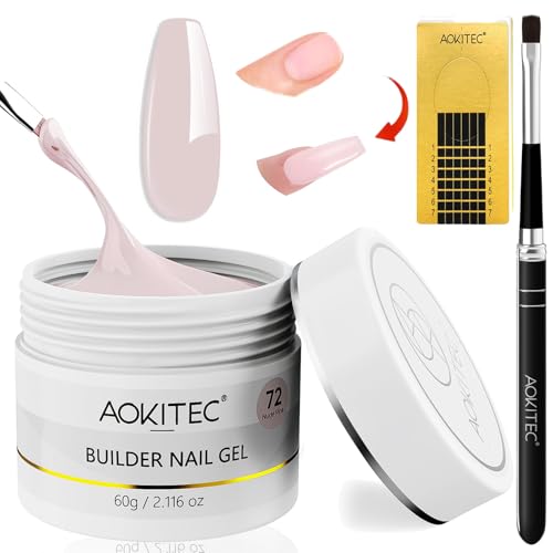 Aokitec Gel Constructor para Uñas: 60g Gel Duro Nudes-Rosa, Moldes de Pluma para Engrosamiento de Uñas, Potenciador U V para Extensión y Arte de Uñas, Kit de Manicura en Casa