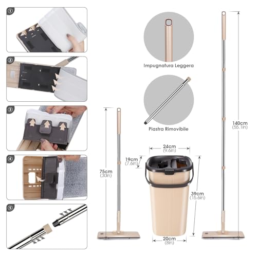 Myiosus Wischmopp Set mit Eimer, Bodenwischer, Wischmopp mit Einstellbar Edelstahlgriff und 6...