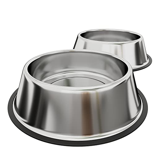 Set di 2 Ciotole Per Cani Gatti In Acciaio Inox Inossidabile Con Gomma Antiscivolo Alla Base Ciotola Cibo Croccantini Alimentazione Acqua Da 900 Ml Diametro 25 Cm Colore Argento