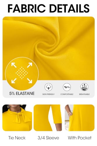 Image of FANDEE Maxi Long Dress Women, Church A Line Bow Tie Neck Casual Dresses | 3 /4 sleeve with pockets, tea party elegant wedding guest semi formal bridesmaid dress, m-3xl, machine wash