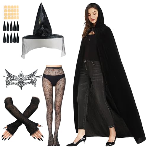 Vestido de fantasia para mulher, fantasia de Halloween, fantasia de vampiro, fantasia de capa de vampiro, chapéu de bruxa vermelho, teia de aranha, meias de morcego para mulheres, casa de salada