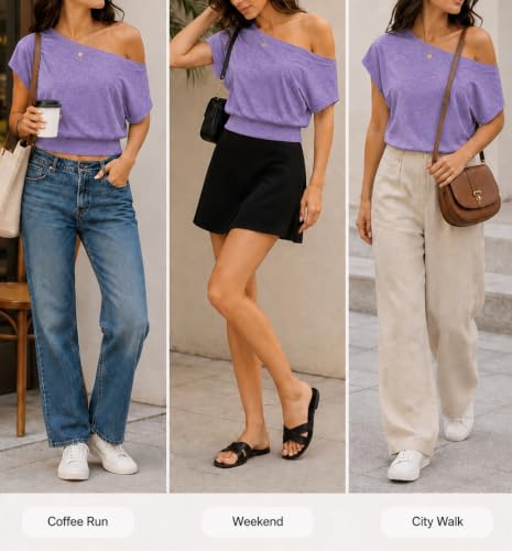 Image of SOFIA'S CHOICE Women's Off The Shoulder T Shirt Crop Top Casual Summer Dolman Sleeve Asymmetrical Cinched Waist Tops