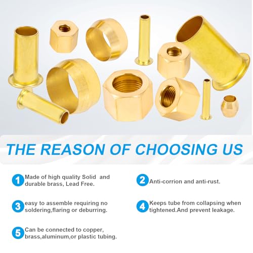 Breezliy 150PCS Tube OD（1/4" 5/16" 3/8" 1/2") Brass Compression Sleeves Ferrules & Insert,4 Sizes Brass Compression Fitting Assortment Kit