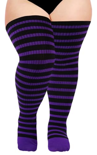 Moon Wood Plus Size Thigh High Socks for Women Knit Cotton Extra Long Striped Over the Knee High Socks Leg Warmers